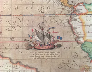 Una Nave a Vela che Spara il suo Cannone, dettaglio da una mappa del Pacifico, Cina e America, 1599